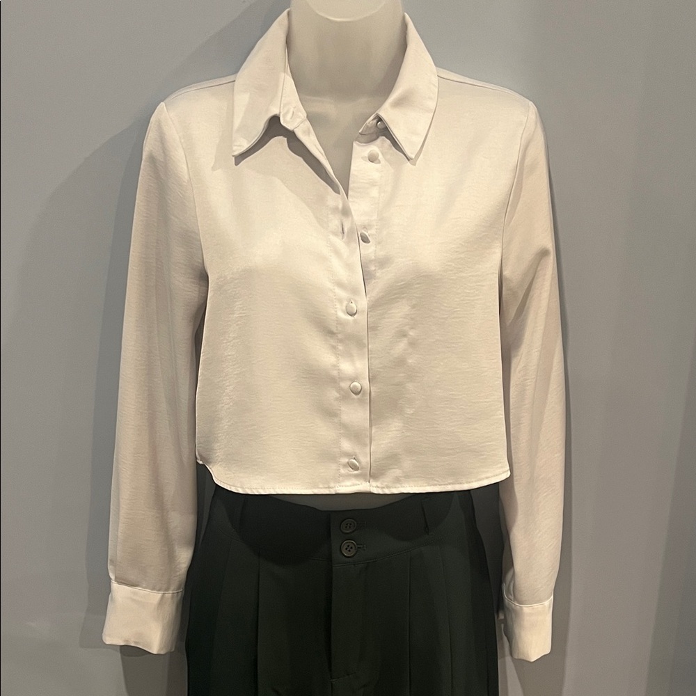 Zara Satin Effect Long Sleeve Button Down Cropped Shirt